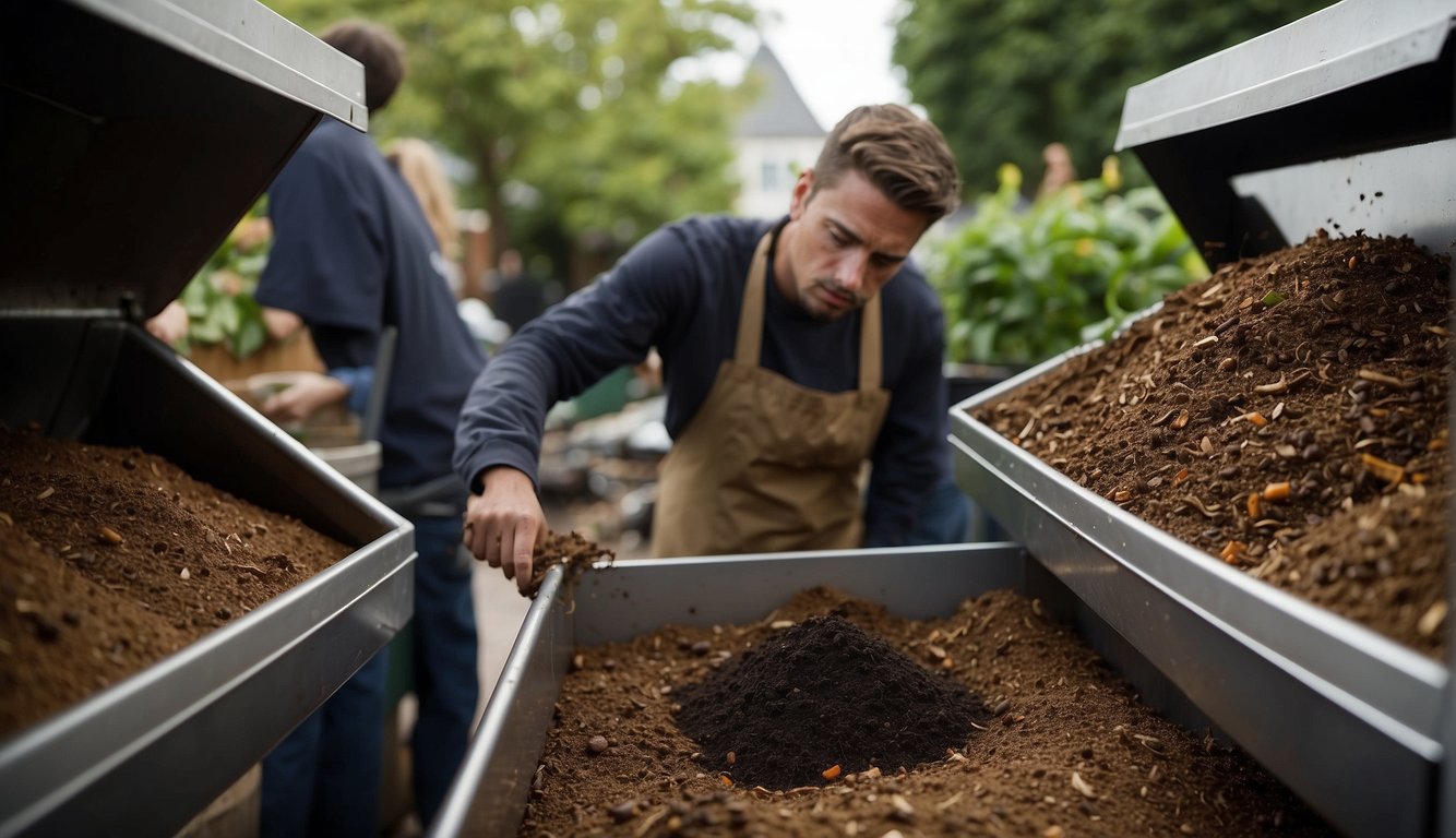 A coffee shop employee dumps used coffee grounds into a large compost bin, surrounded by bins of food scraps and garden waste