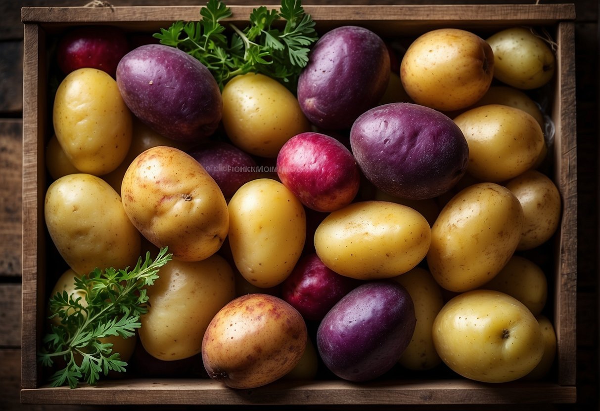 A variety of colorful pomme parisienne potatoes, including purple, red, and yellow, are arranged in a rustic wooden crate, surrounded by fresh herbs and a scattering of sea salt