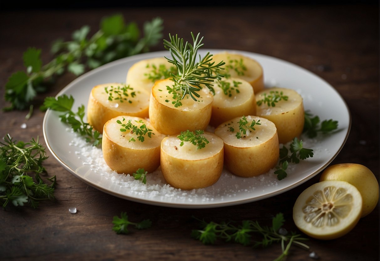 A plate of pomme parisienne arranged in a neat and elegant pattern, garnished with fresh herbs and a sprinkle of sea salt