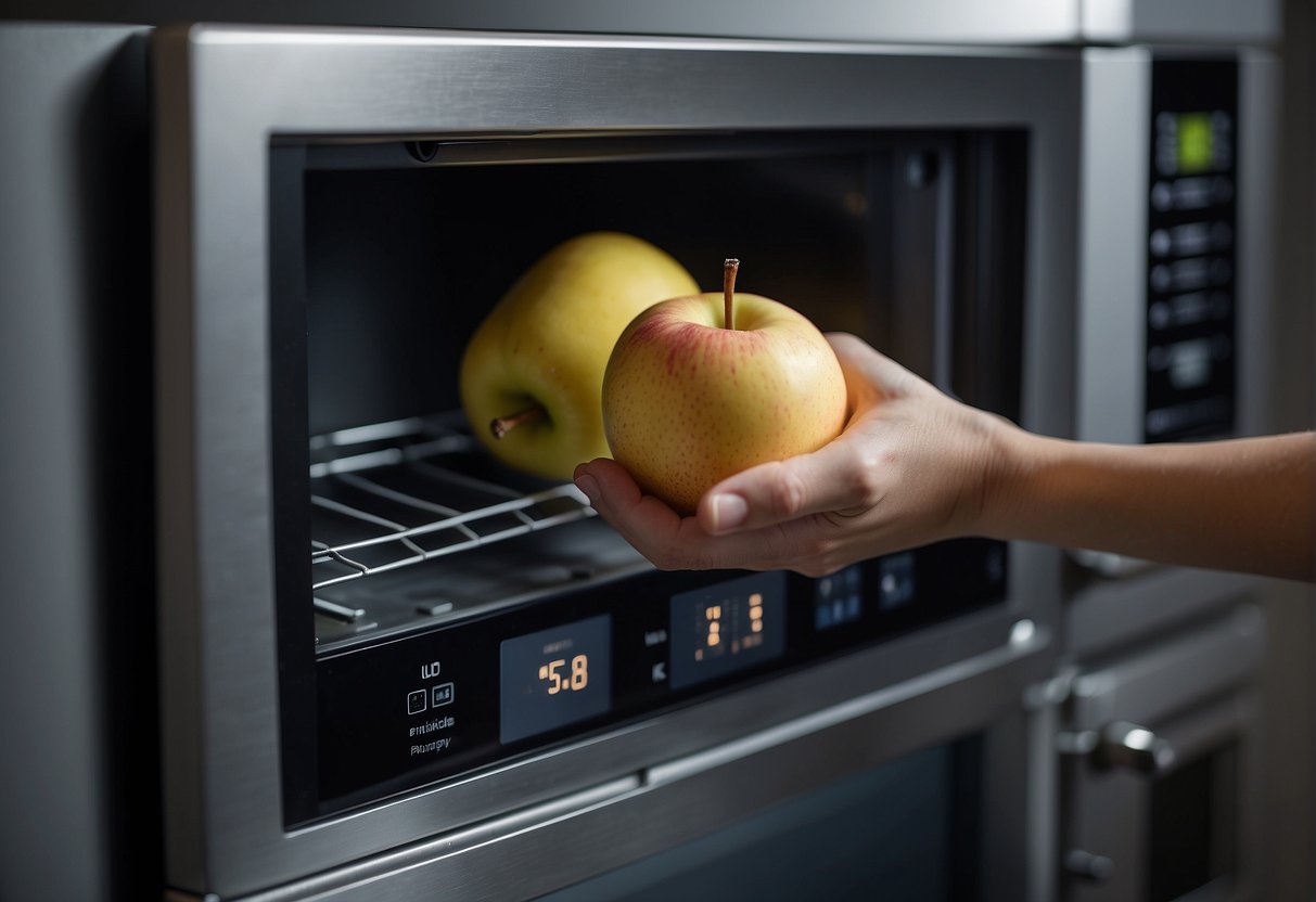 A hand reaches for a container of pomme parisienne from a refrigerator. The hand then places the container in a microwave for reheating