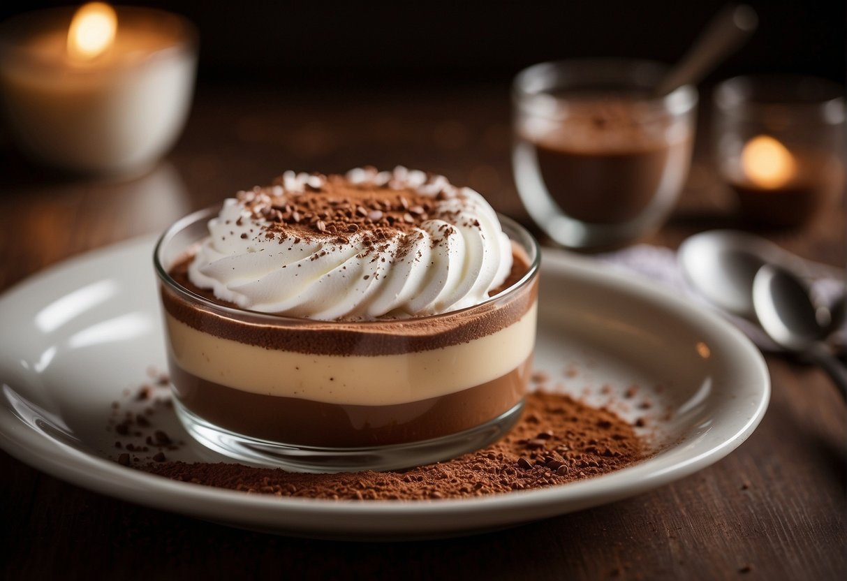 A smooth chocolate bavarois sits in a delicate glass dish, topped with a swirl of whipped cream and a dusting of cocoa powder