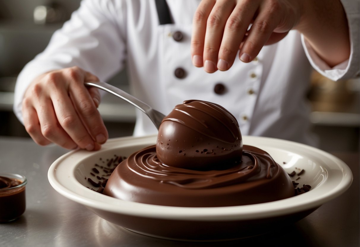 A chef carefully mixes melted chocolate and whipped cream in a large bowl, creating a smooth and creamy chocolate bavarois mixture
