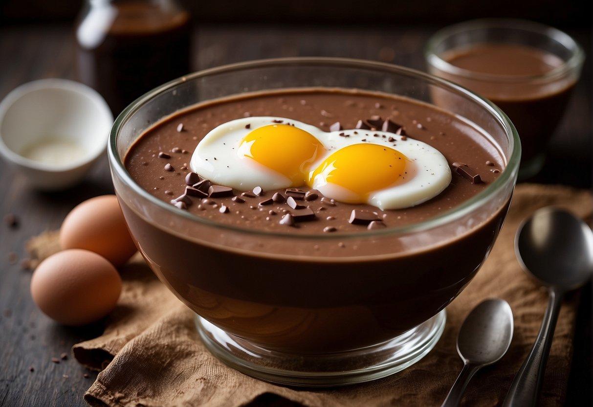 A bowl of melted chocolate, cream, and eggs being mixed together to create a smooth chocolate bavarois