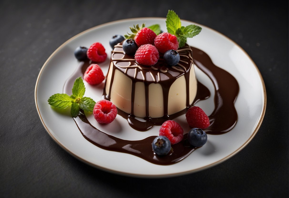A white plate with two chocolate bavarois, garnished with fresh berries and a drizzle of chocolate sauce, set against a dark background