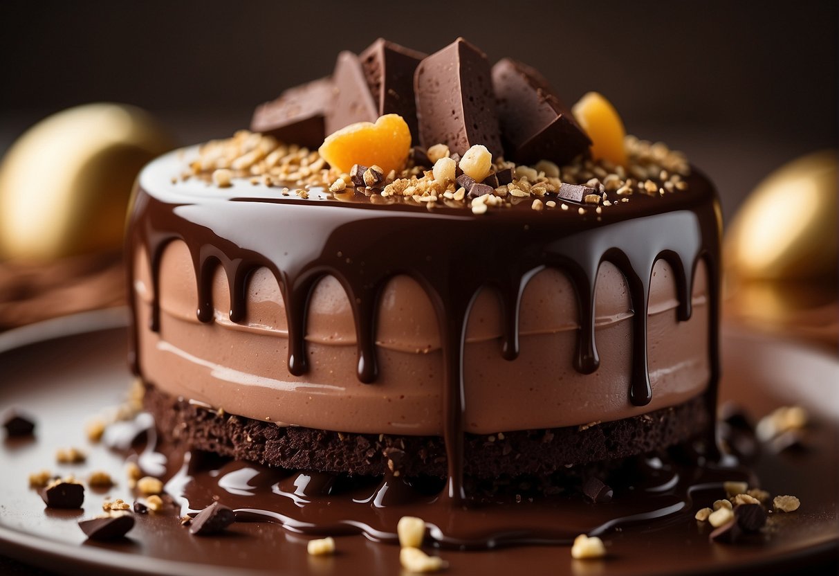 A decadent chocolate bavarois sits atop a delicate glass pedestal, adorned with a drizzle of glossy ganache and a sprinkling of chocolate shavings