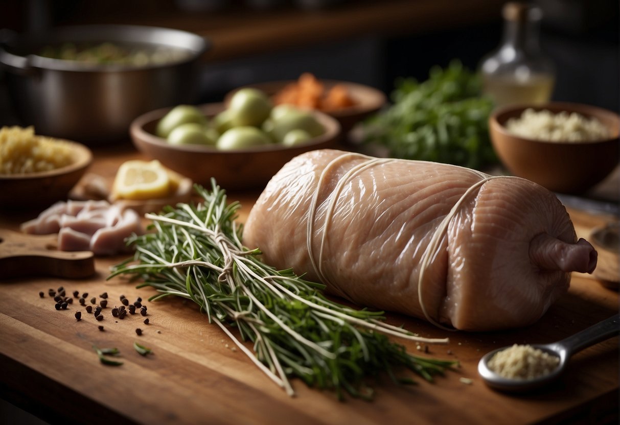 A turkey ballotine being prepared with herbs and spices, tightly rolled and tied with kitchen twine, ready to be roasted