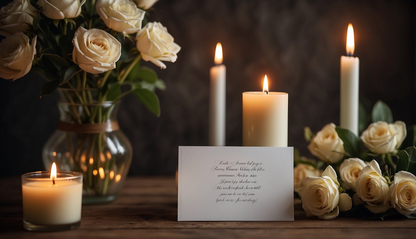 A candle burning in remembrance, surrounded by flowers and a handwritten note expressing condolences