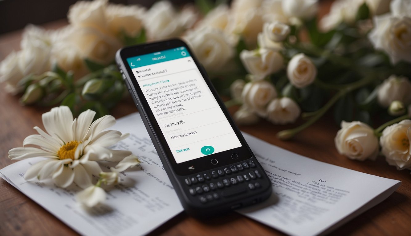 A phone with a text message displayed, surrounded by flowers and a comforting note on a table