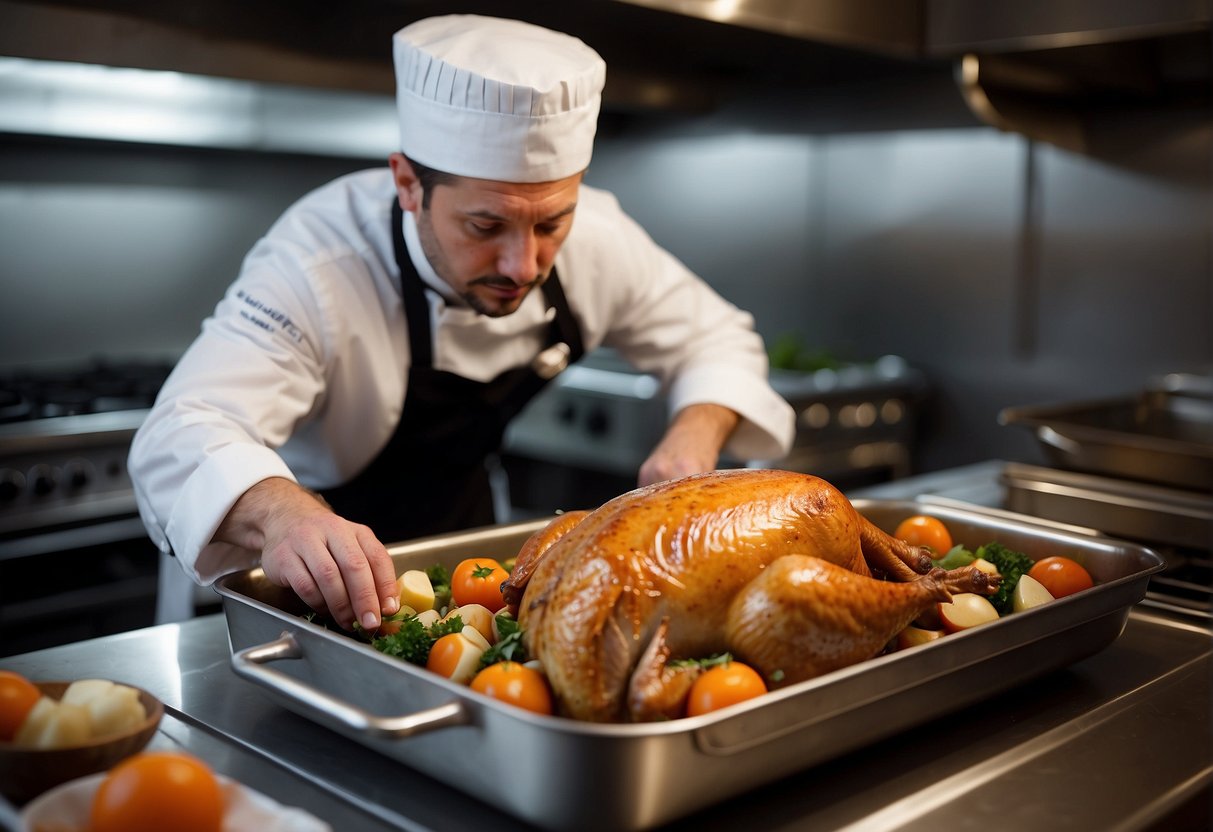 A chef seasons and trusses a turkey ballotine before placing it in a roasting pan