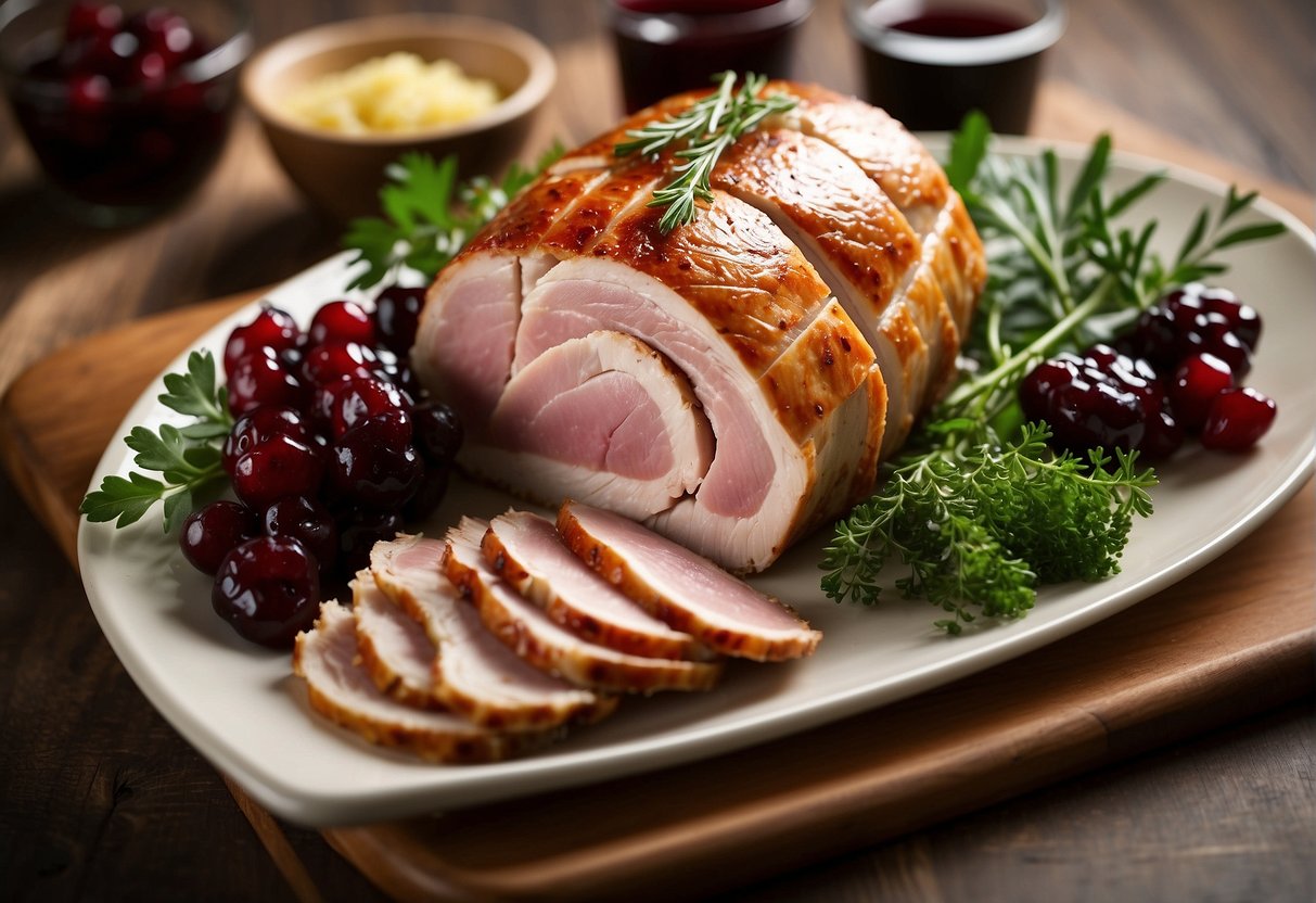 A platter with sliced turkey ballotine, garnished with herbs and served with a side of cranberry sauce