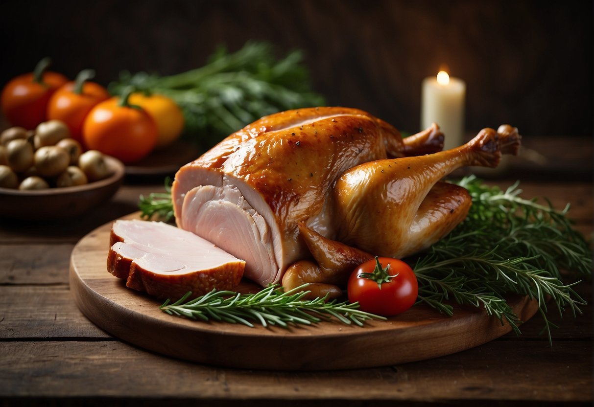 A plump turkey ballotine surrounded by festive herbs and seasonal vegetables on a rustic wooden cutting board