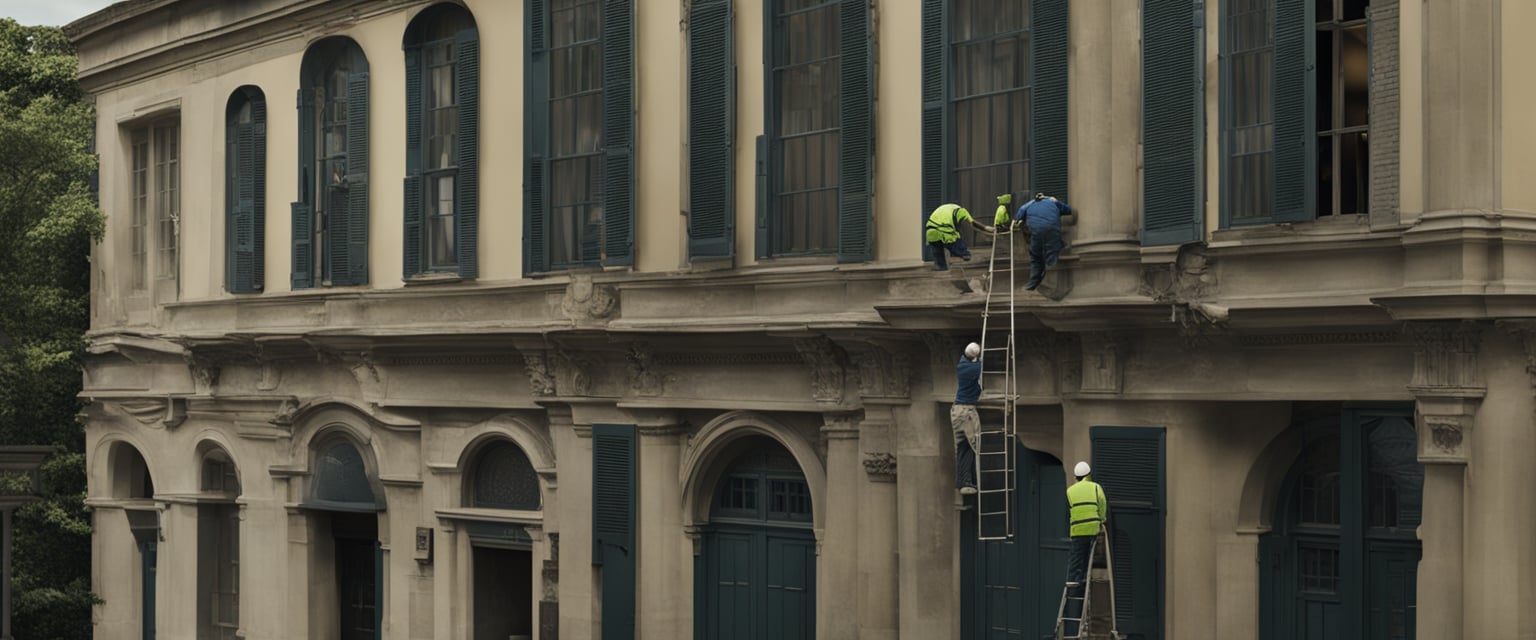 The historic building restoration shows workers repairing old walls and roofs with scaffolding and tools. The building's architectural details are being carefully preserved