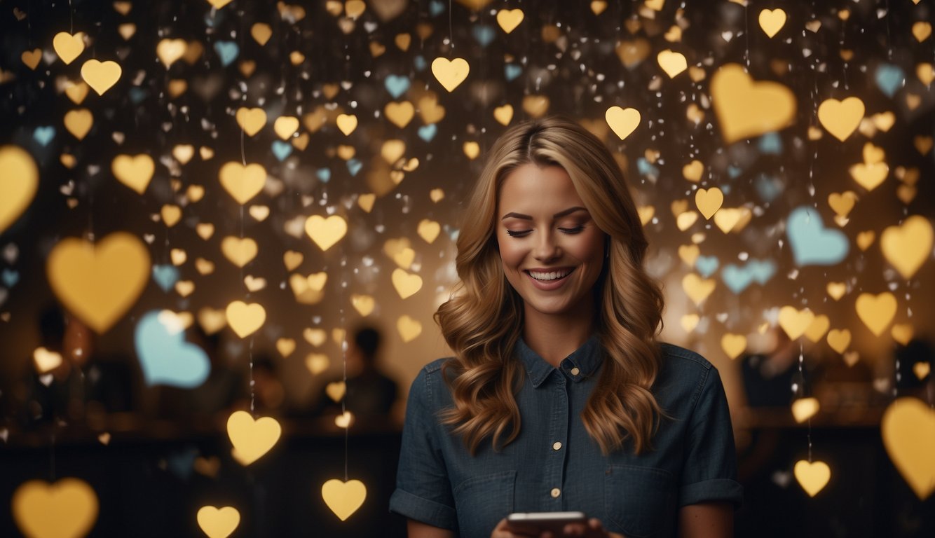 A woman's phone lighting up with a flood of adoring texts, hearts, and emojis, as she blushes and smiles uncontrollably