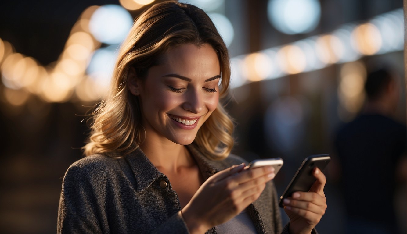 A woman's phone lights up with a series of flirty and affectionate text messages, causing her to smile and blush as she reads them
