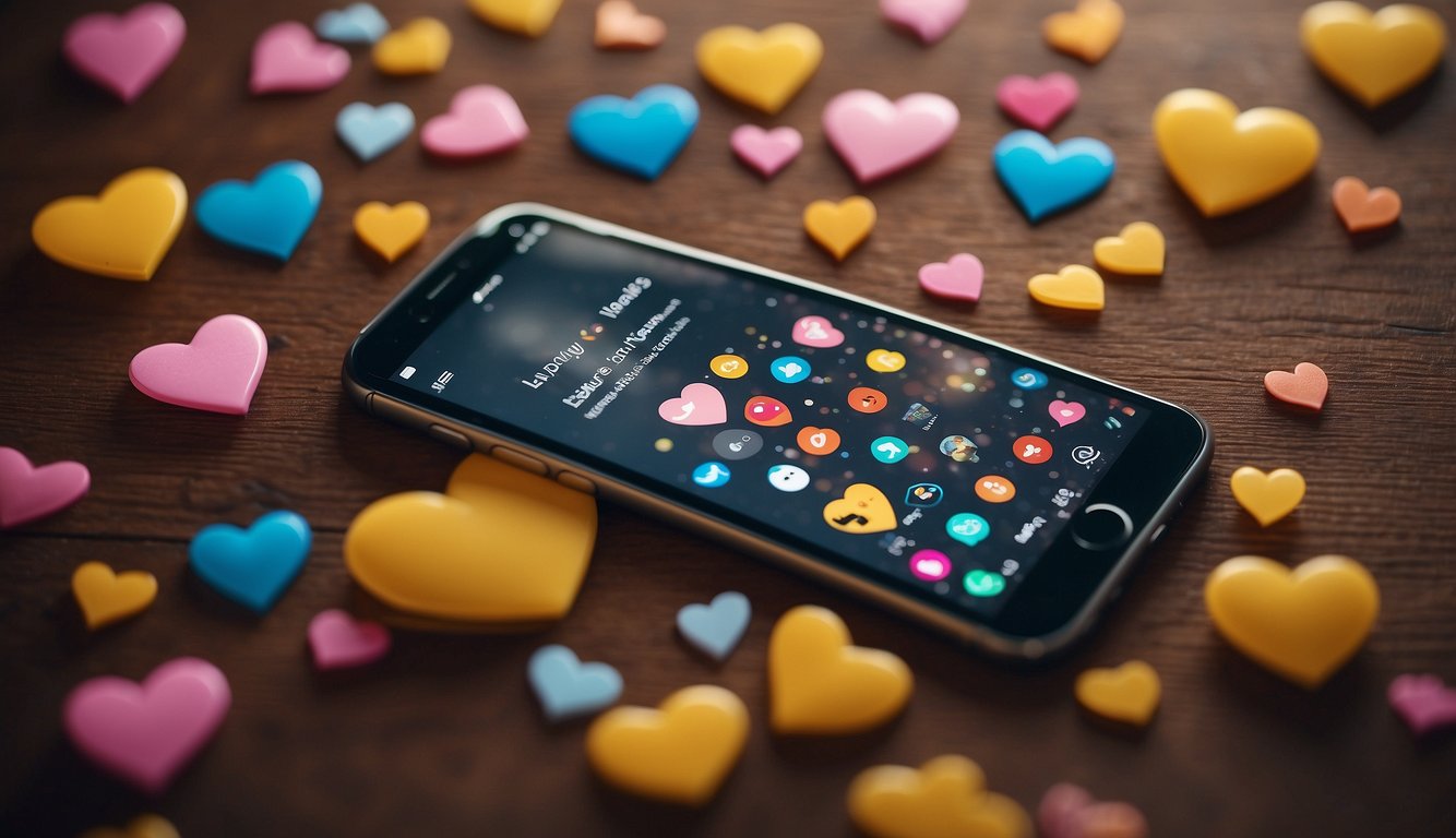 A phone screen with romantic text messages displayed, surrounded by hearts and love-themed emojis