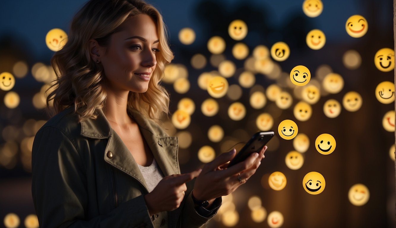 A woman's phone lights up with a series of heartfelt, flirty text messages. The screen displays a mix of emojis and loving words, creating a sense of excitement and joy