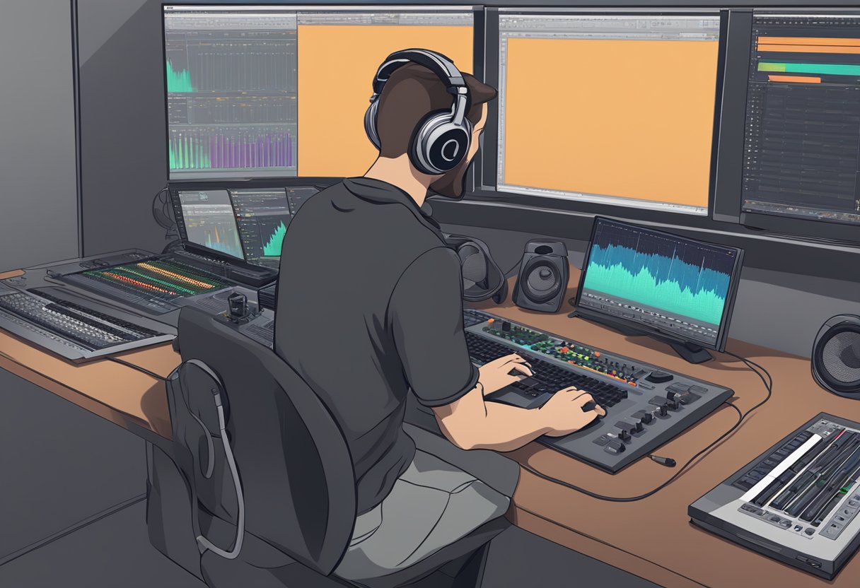 A person sitting at a computer, with headphones on, adjusting knobs and sliders on the screen of the FL Studio software