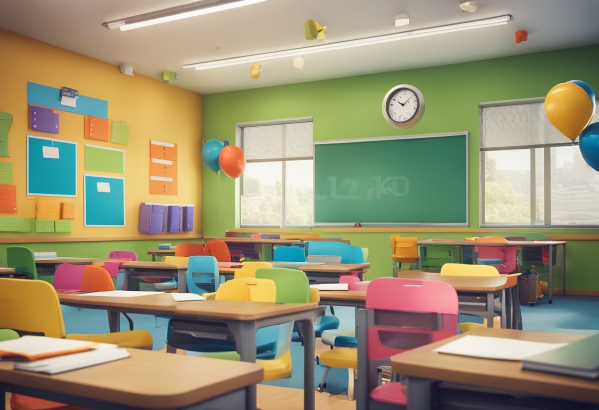 The scene shows a classroom with colorful decorations and a whiteboard. Desks are arranged in rows, with books and school supplies on top. A clock on the wall indicates the time