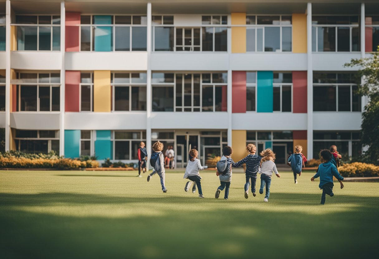 A school building with children playing in the yard, teachers leading activities, and colorful decorations for a school event