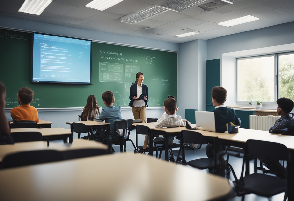 A classroom with students using laptops and tablets, a teacher presenting a lesson on a smart board, and educational posters on the walls