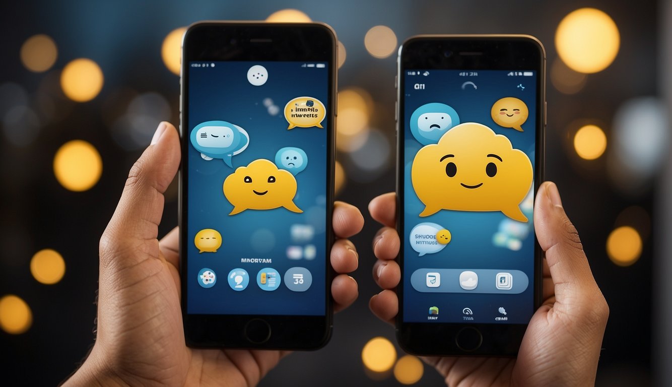 Two phones with text bubbles showing a lively conversation, emojis, and shared interests. A sense of connection and mutual understanding is evident in the exchange