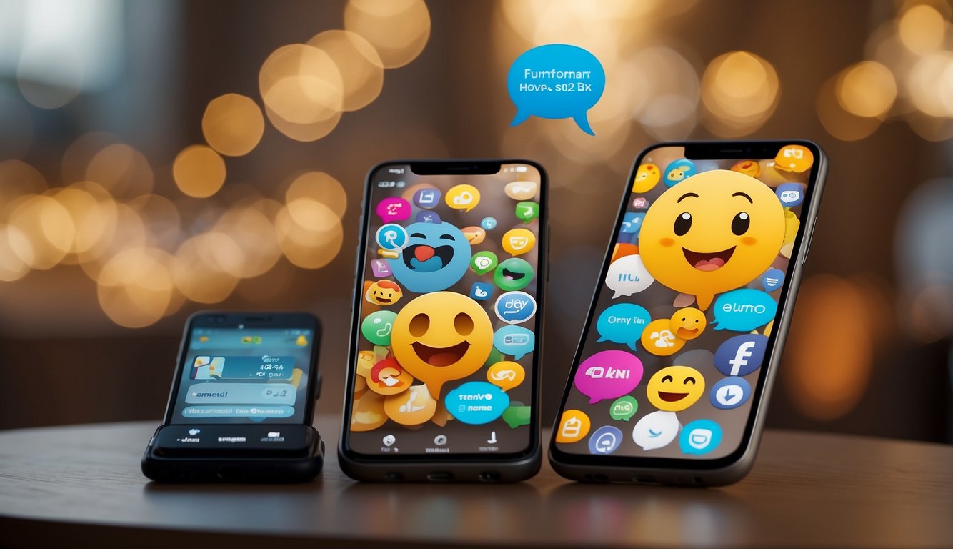 Two phones with text bubbles showing friendly conversation and emojis, with a guidebook on texting basics in the background