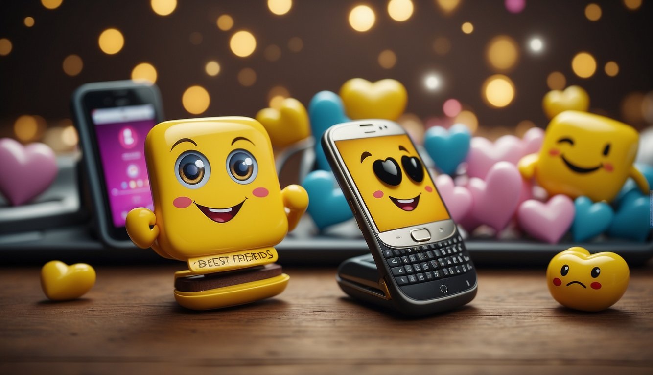 Two phones displaying a series of text messages, with emojis and laughter, surrounded by hearts and the words "best friends" in bold letters