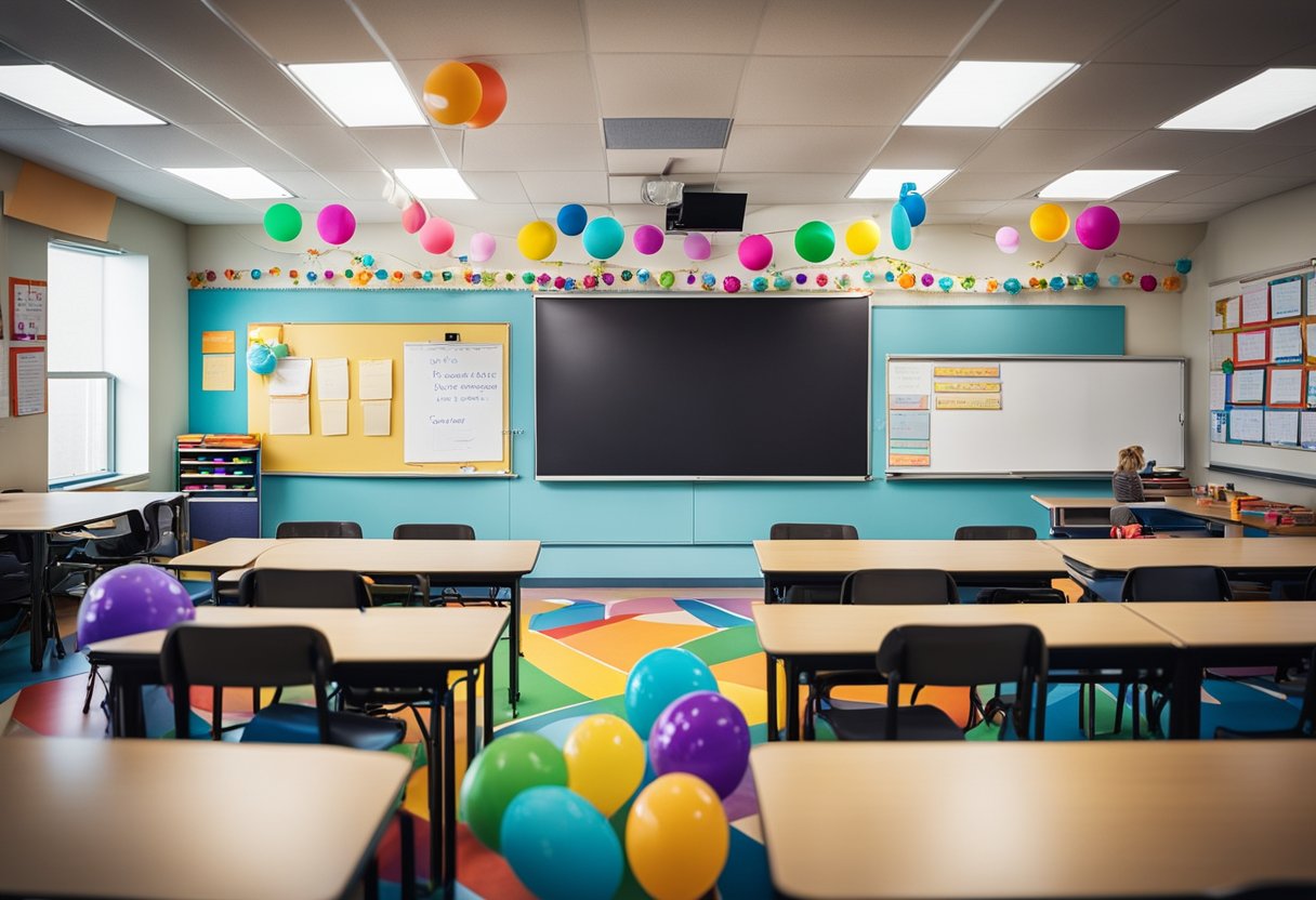 A classroom with colorful decorations and a whiteboard displaying "Frequently Asked Questions - 10 Lesson Plans for School Day"