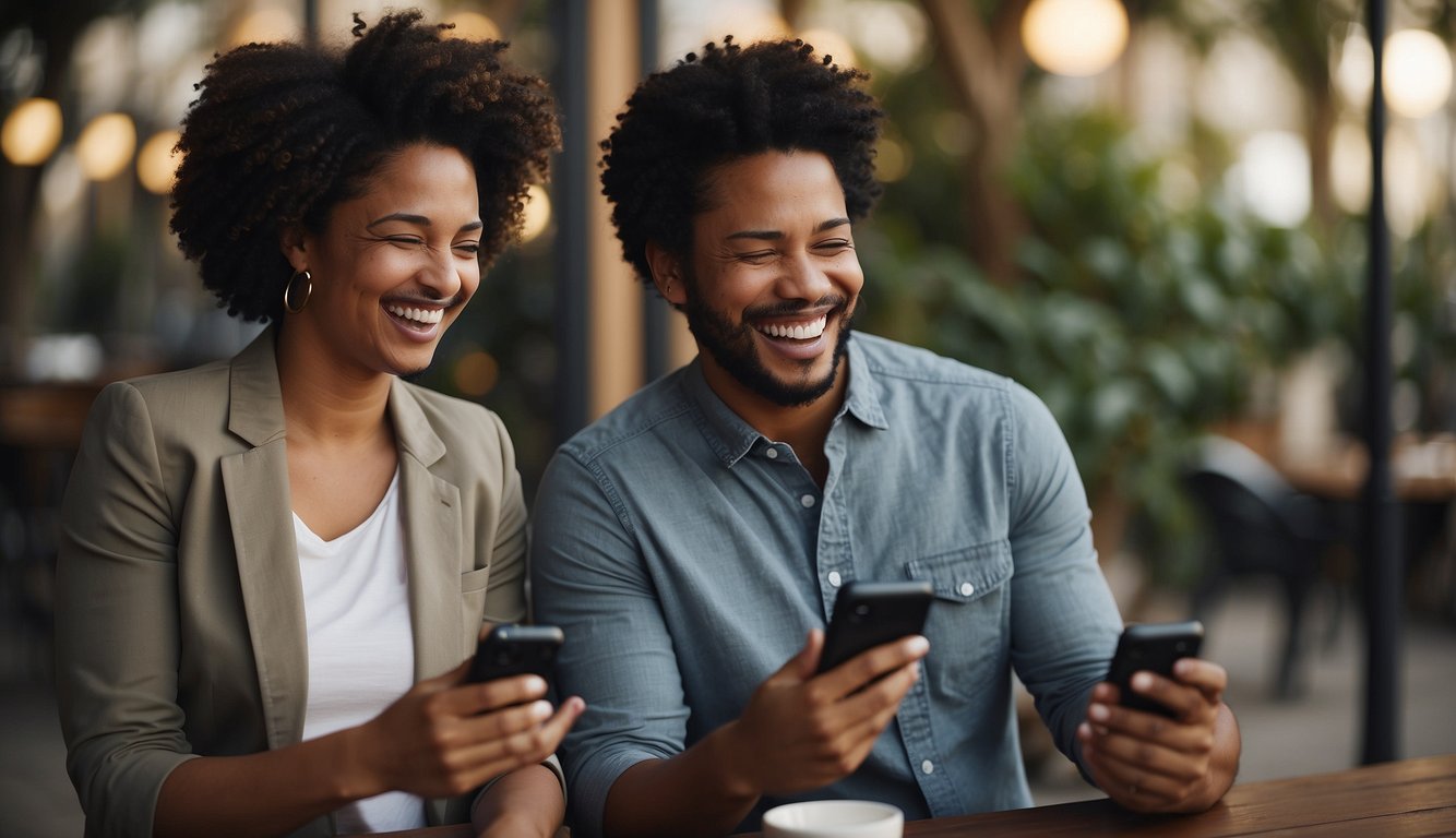 Two people exchanging texts, laughing and sharing personal stories. Emojis and GIFs add humor and warmth to the conversation. The messages flow back and forth, creating a sense of closeness and understanding