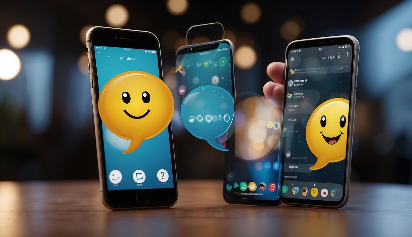 Two phones with text bubbles floating between them, showing a conversation between a guy and a girl. Emojis and GIFs are used to express emotions
