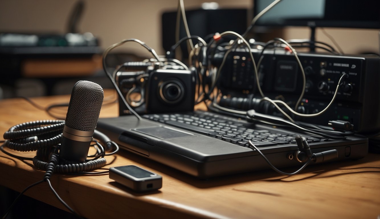 A cluttered table holds a shotgun microphone, audio recorder, and headphones. Cables snake across the floor, connecting to a laptop and camera