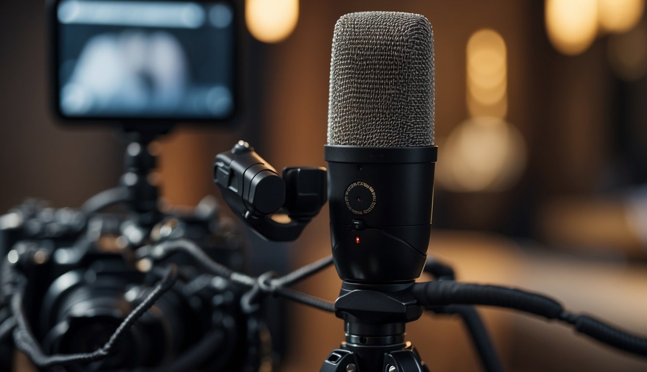 A microphone is positioned in front of a camera on a tripod. Cables connect the microphone to a portable audio recorder. The recorder's levels are being adjusted by a filmmaker