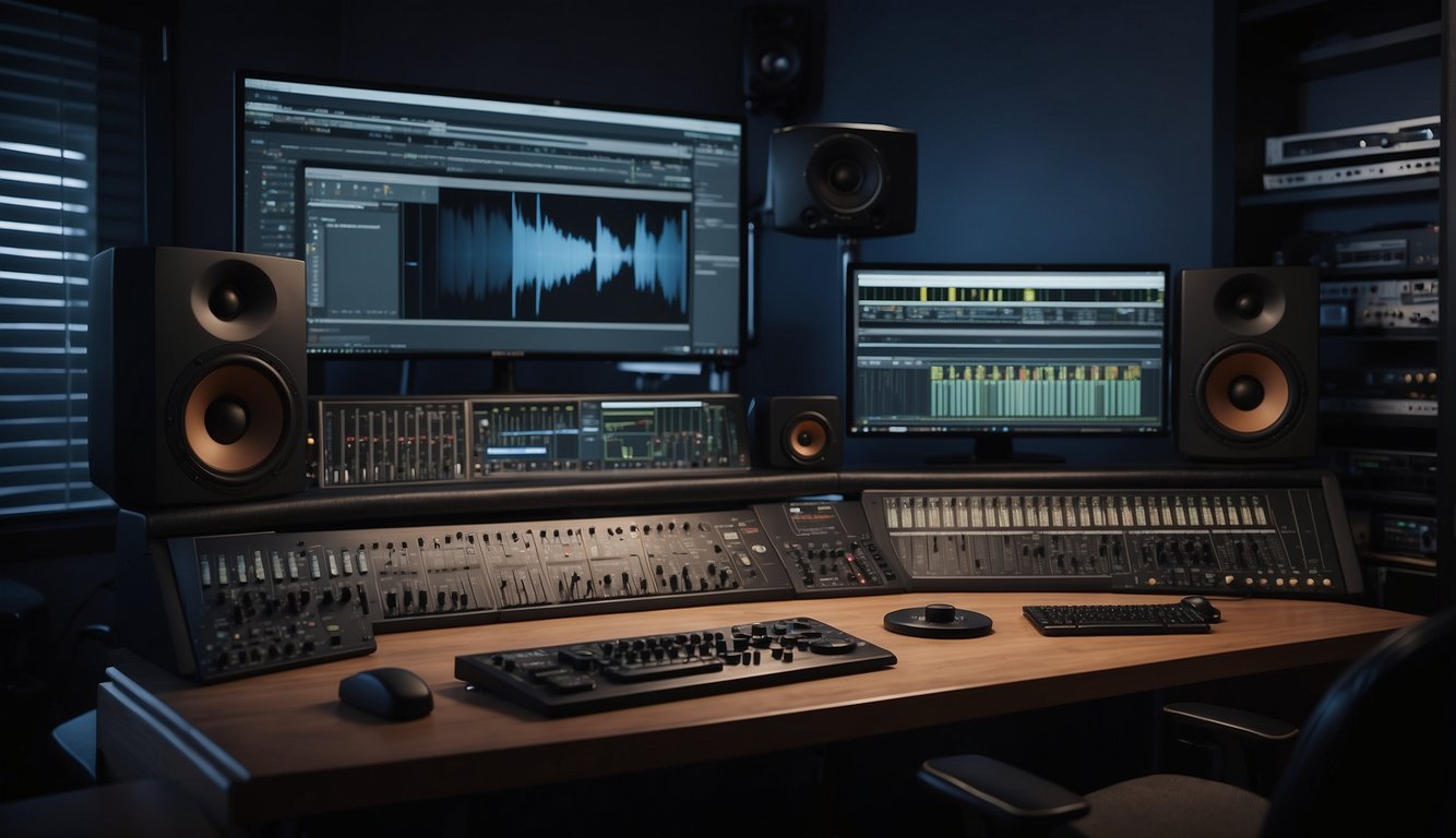 A small sound studio with professional equipment and editing software for enhancing audio in low-budget filmmaking