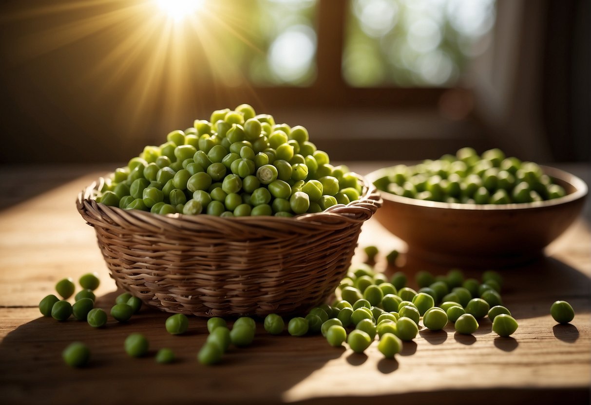 A pile of fresh green chickpeas spills out from a woven basket onto a wooden tabletop, with sunlight streaming in from a nearby window
