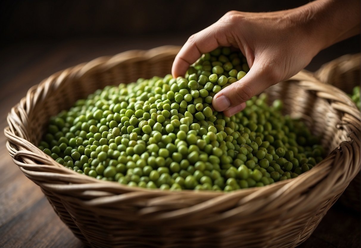 A hand reaching into a bushel of green chickpeas, carefully selecting and placing them into a basket for storage