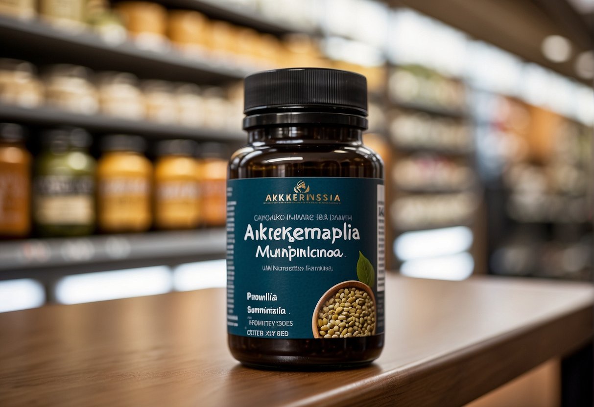 A bottle of Akkermansia Muciniphila supplements sits on a shelf in a well-lit, modern health food store. The label prominently displays the product name and key information