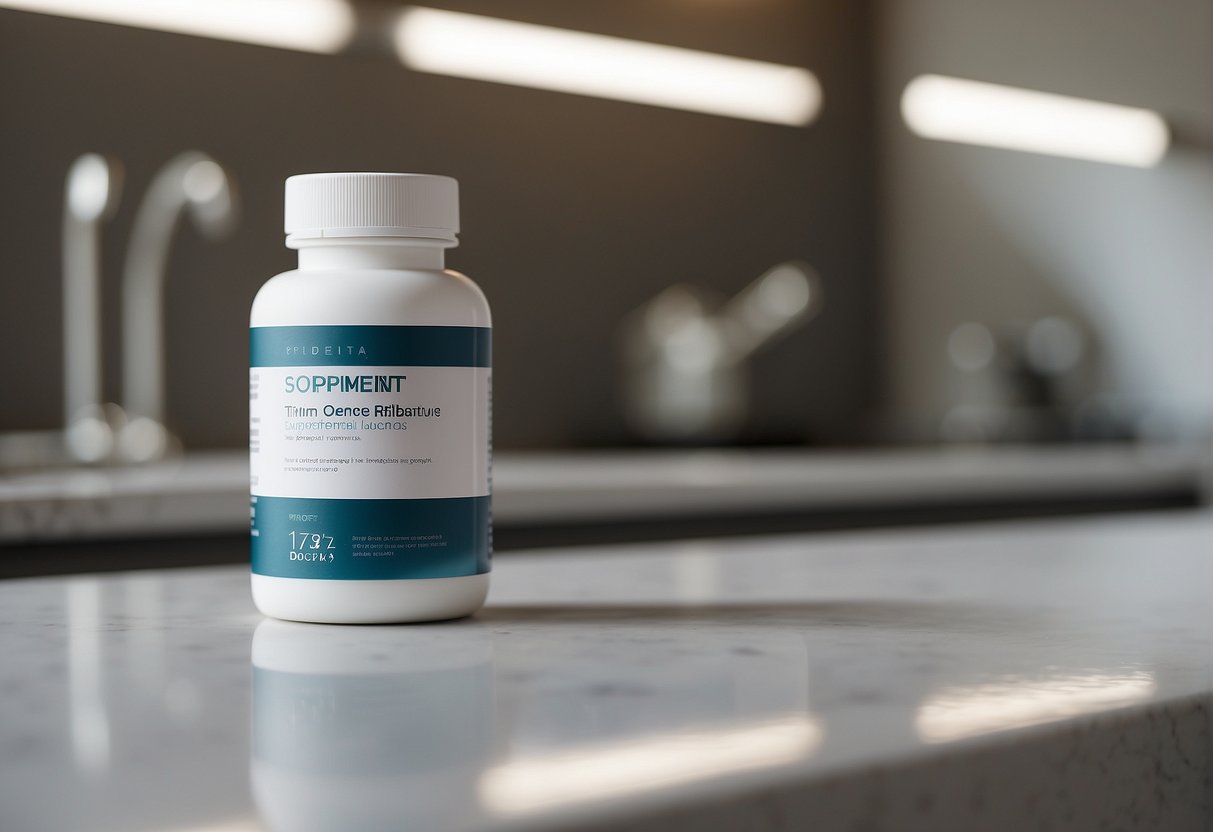 The supplement bottle sits on a clean, white countertop with clear dosage instructions. A hand reaches for it, indicating its accessibility