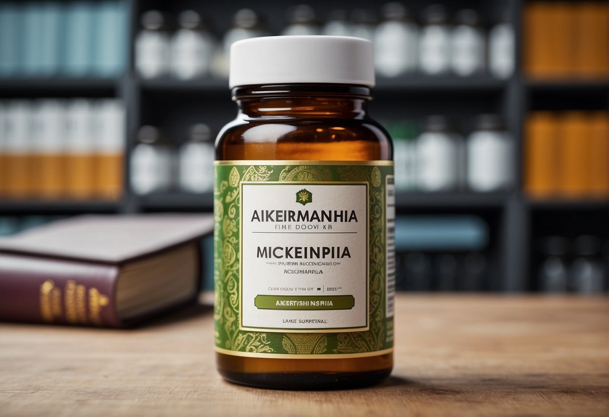 A bottle of Akkermansia muciniphila supplement sits on a shelf, surrounded by legal and regulatory documents. The label prominently displays the product name and dosage information