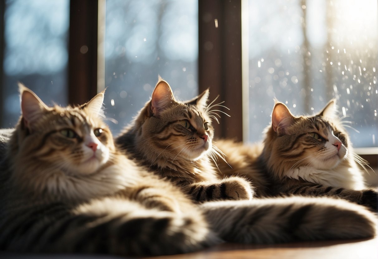Cats lounging in a cozy, sunlit room with snow falling outside
