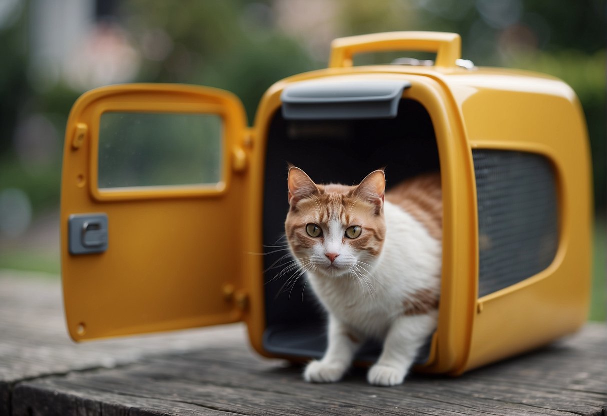 A cat willingly enters a carrier with an open door, enticed by treats or a familiar toy inside