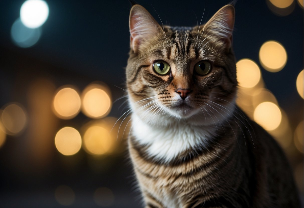A cat with one large and one small pupil stares at a bright light, perplexed