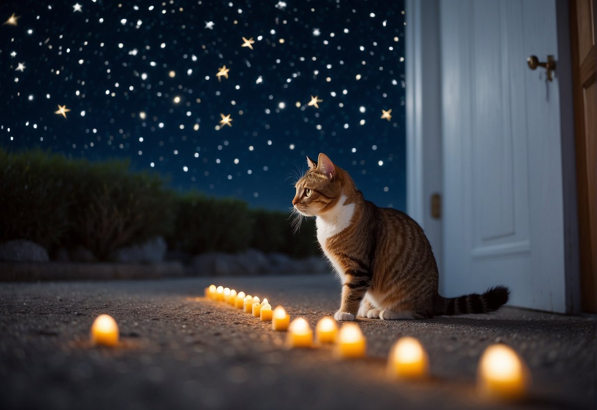 A cat follows a trail of treats leading to an open door with a cozy bed inside, under a starry night sky