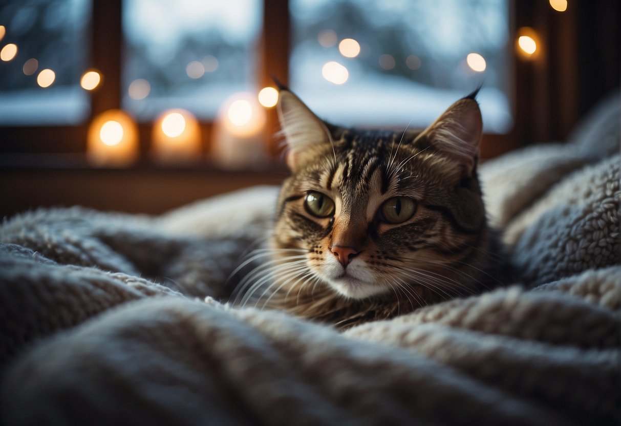 A cat curled up in a cozy, warm bed, surrounded by soft blankets and pillows. The room is dimly lit, creating a peaceful and relaxing atmosphere. Outside, snow is falling gently, adding to the sense of comfort and tranquility