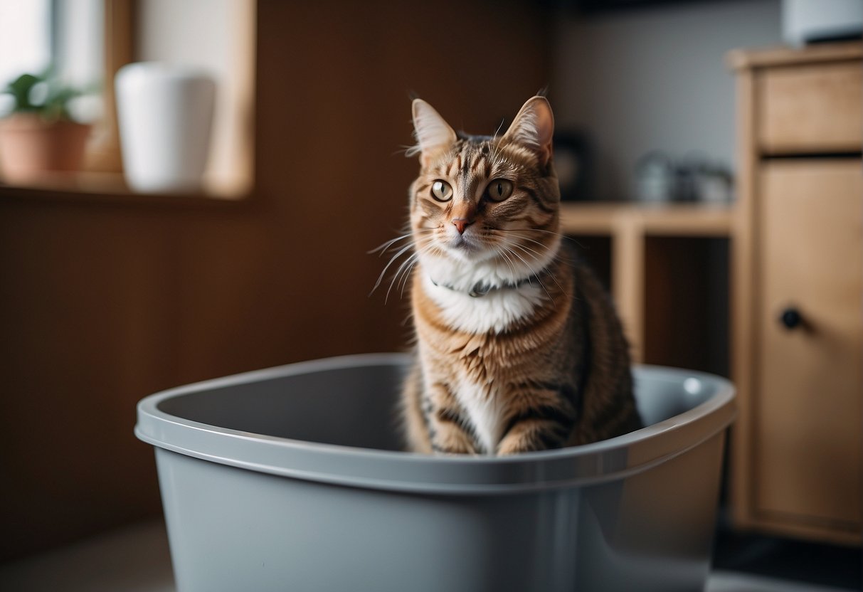 A cat sits calmly in a clean and spacious litter box, while a nearby pheromone diffuser emits calming scents. The cat's surroundings are free from any stressors or triggers that may cause spraying behavior