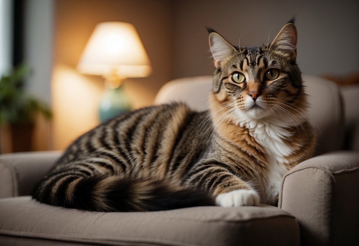 A cat sitting in a calm, quiet room, with soft lighting and comfortable furniture. A bowl of food and water is placed nearby