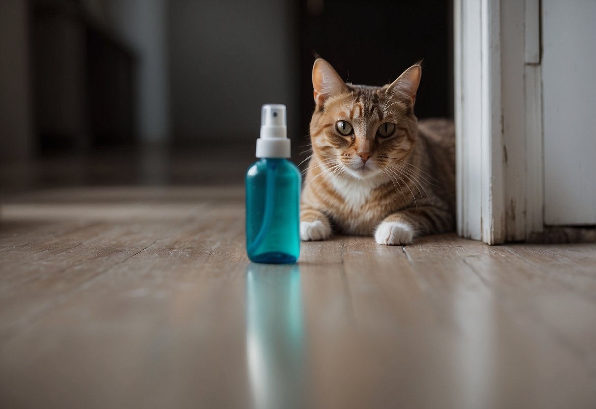 A cat sits by a door, scratching. A spray bottle nearby. A hand reaches to spritz the cat. The cat stops scratching