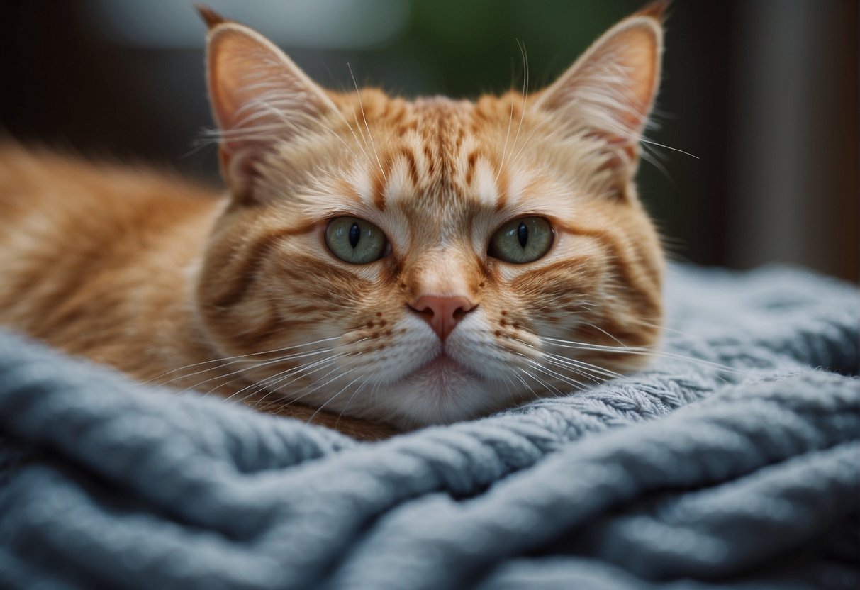 A cat sits on a cozy blanket, gently sucking on the fabric with contentment in its eyes