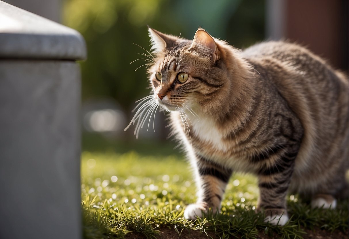A cat standing near a marked territory, with raised tail and back arched, while sniffing and spraying urine on a vertical surface