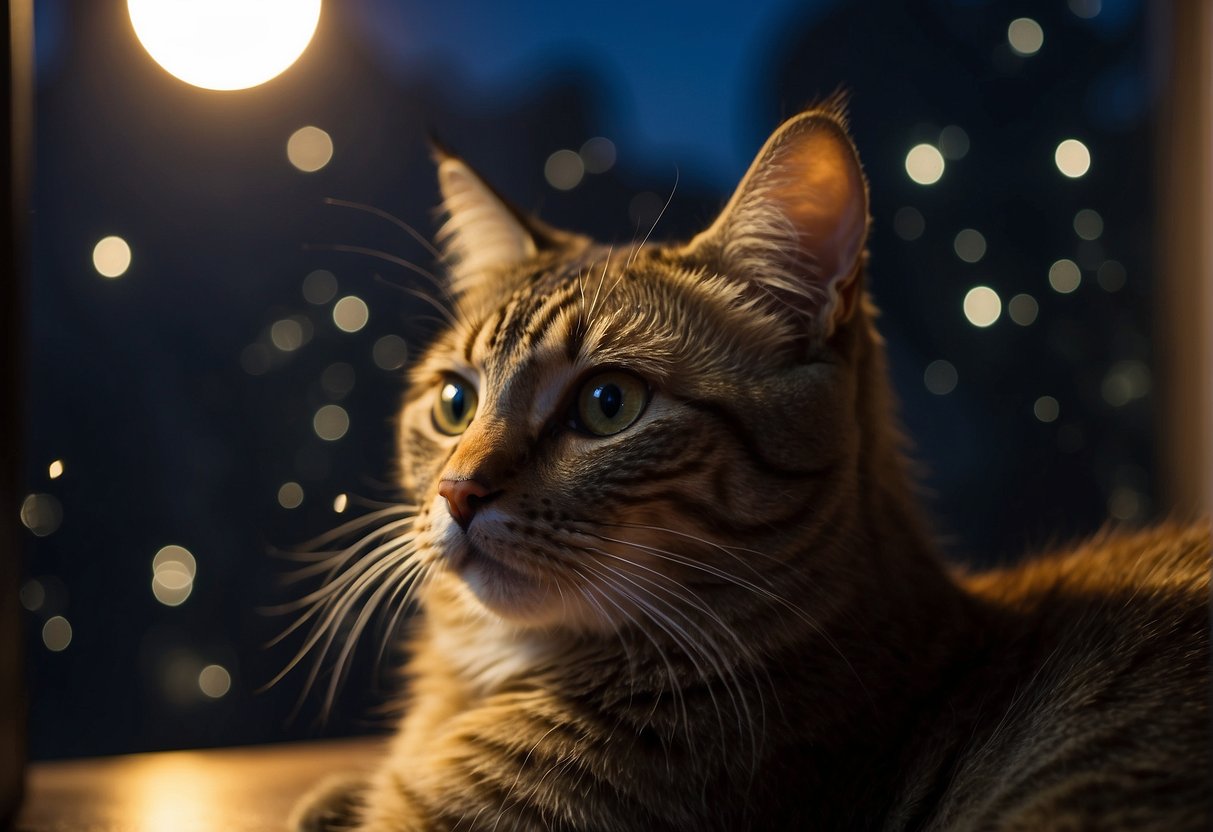 A cat sitting by a lit window at night, looking out into the darkness with a curious expression, while the moon and stars shine in the sky