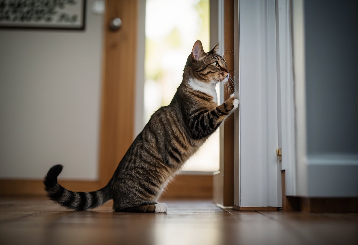 A cat scratching the door, with a frustrated owner trying to redirect the cat to a scratching post